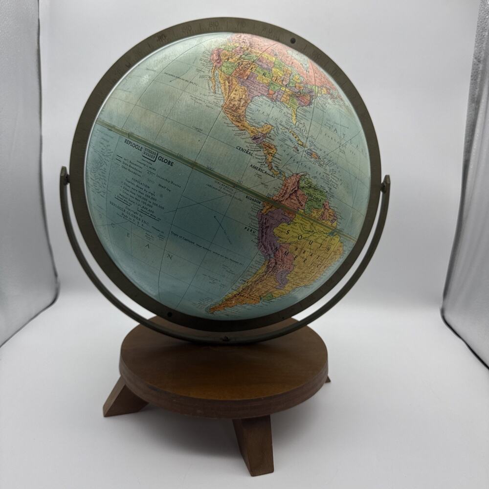 Vintage Replogle 12” Stereo Relief World Globe w/Metal/Wood Base Mid Century Map